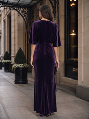 Deep Purple Draped Boat Neck Velvet Evening Dress with Side Ruffle