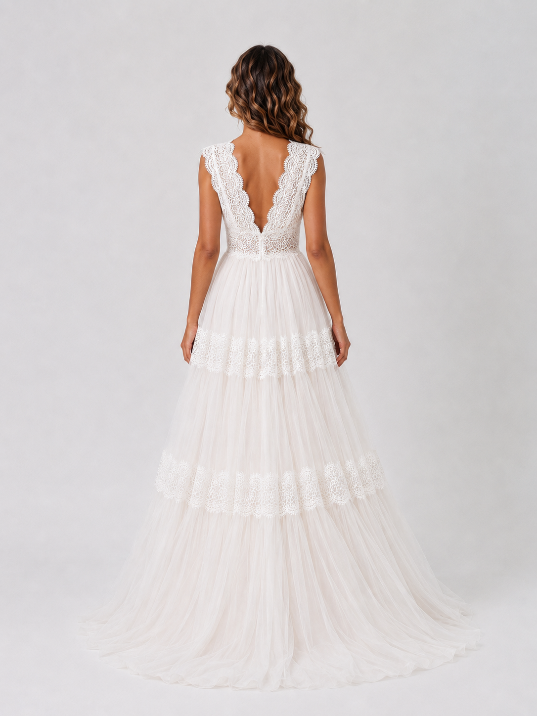 Elegant Lace Tiered Tulle A-Line Wedding Dress with Sweep Train