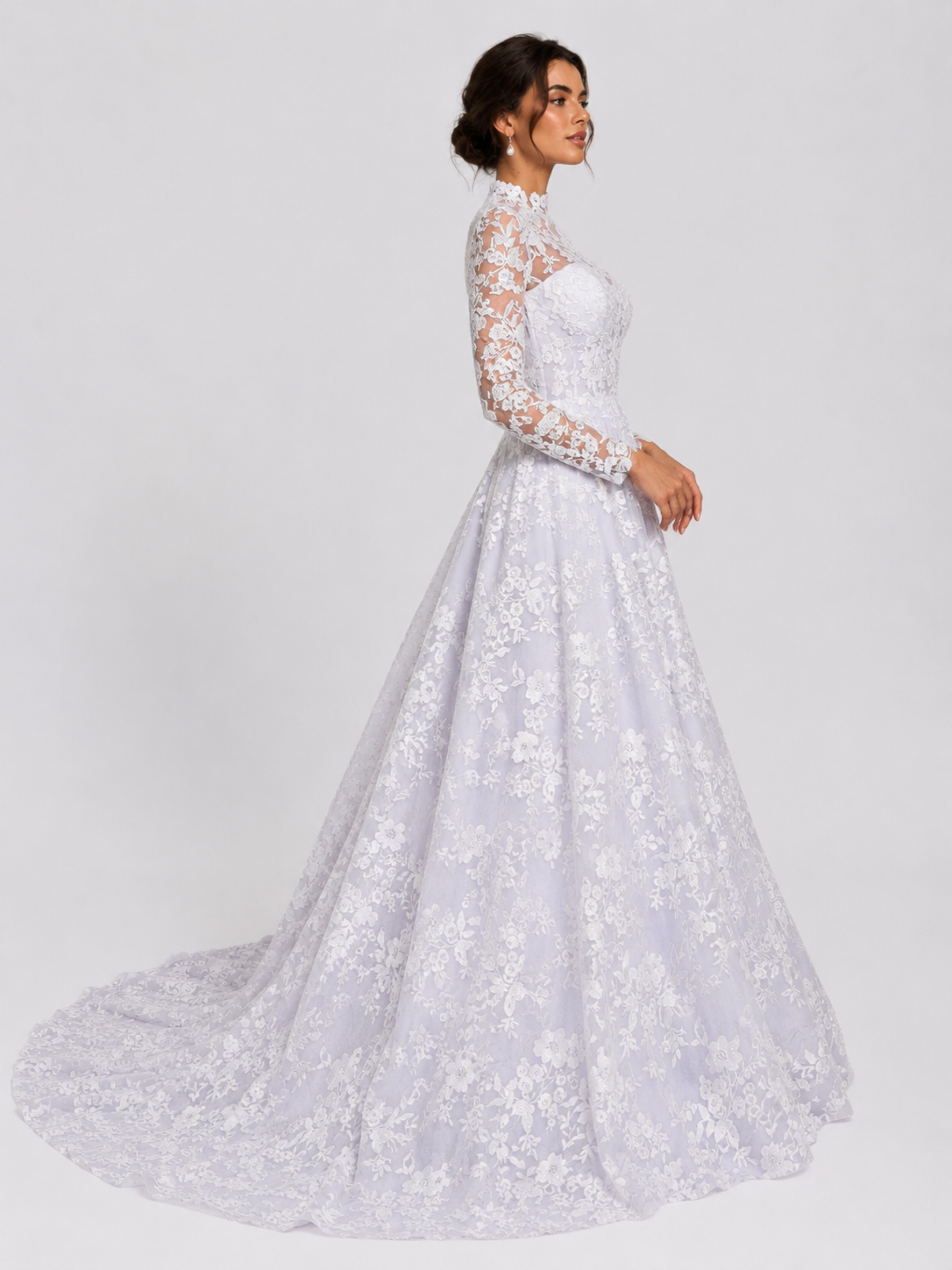 Elegant High Neck Long Sleeve Lace A-Line Wedding Dress with Chapel Train