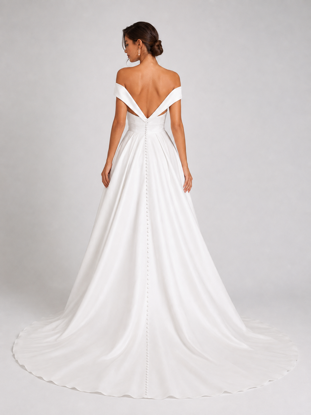 Elegant Off-the-Shoulder Ruched Satin A-Line Wedding Dress with High Slit and Chapel Train