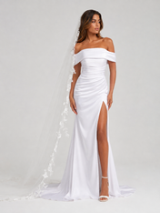 Elegant Off-the-Shoulder Ruched Satin Sheath Wedding Dress with High Slit and Chapel Train