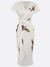 White Leaf Short Sleeve Satin Wrap Sheath Midi Dress
