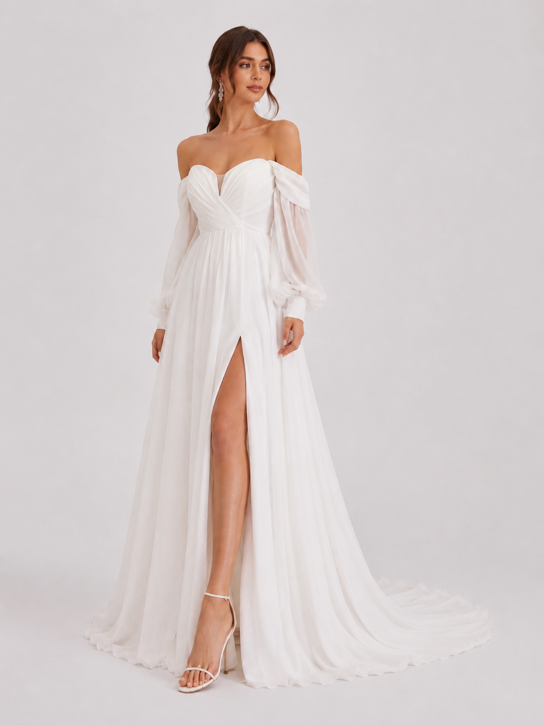 Elegant Off-the-Shoulder Long Sleeve Ruched Chiffon A-Line Wedding Dress with High Slit and Chapel Train