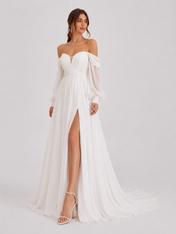 Elegant Off-the-Shoulder Long Sleeve Ruched Chiffon A-Line Wedding Dress with High Slit and Chapel Train