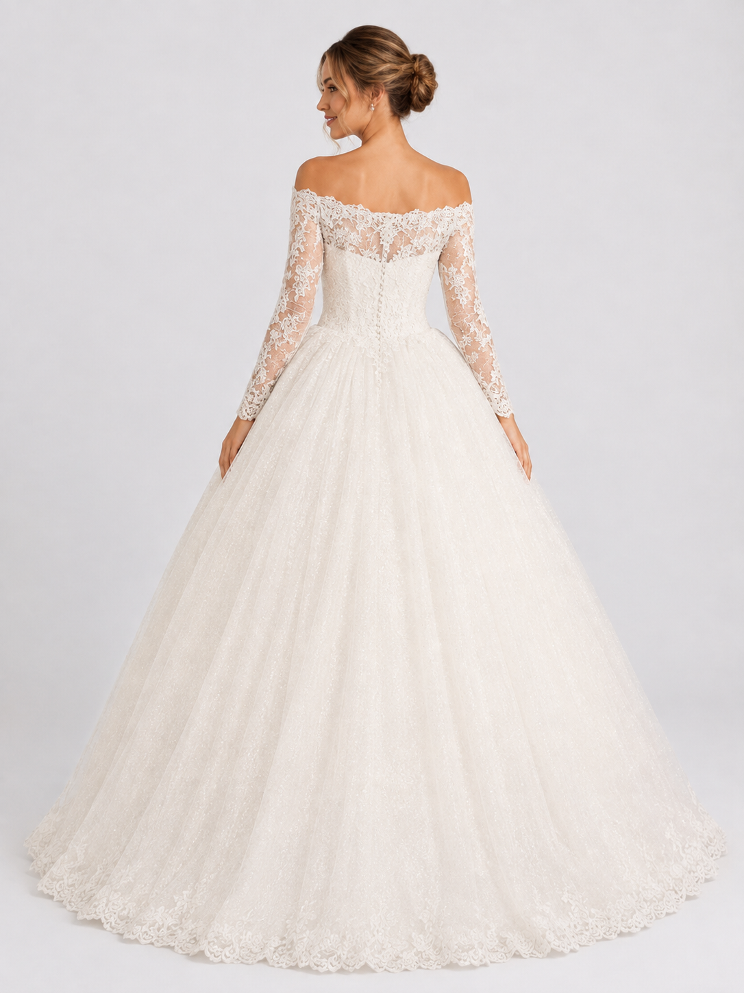 Elegant Off-the-Shoulder Long Sleeve Lace Applique A-Line Wedding Dress with Chapel Train