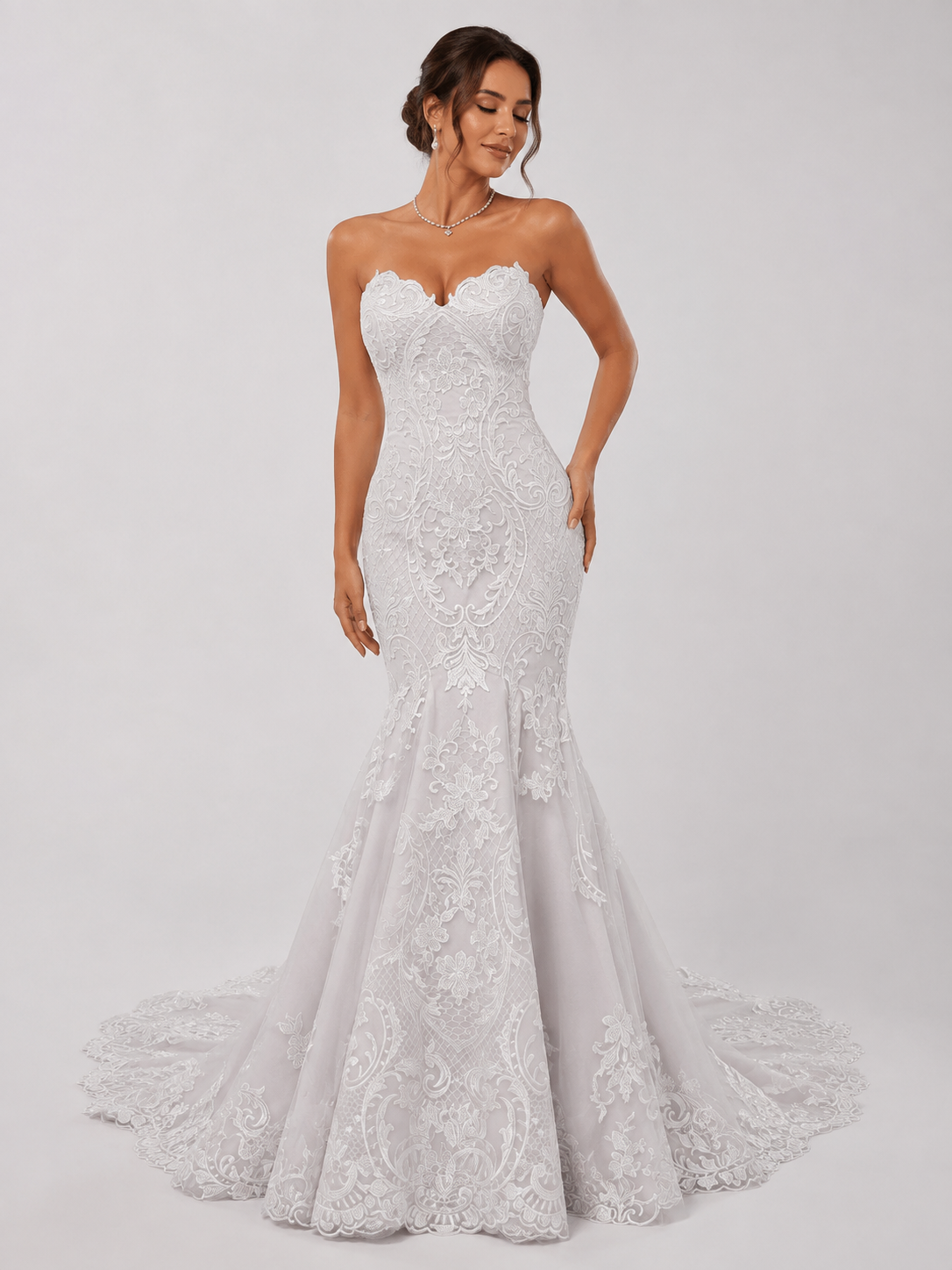 Elegant Strapless Sweetheart Lace Mermaid Wedding Dress with Chapel Train