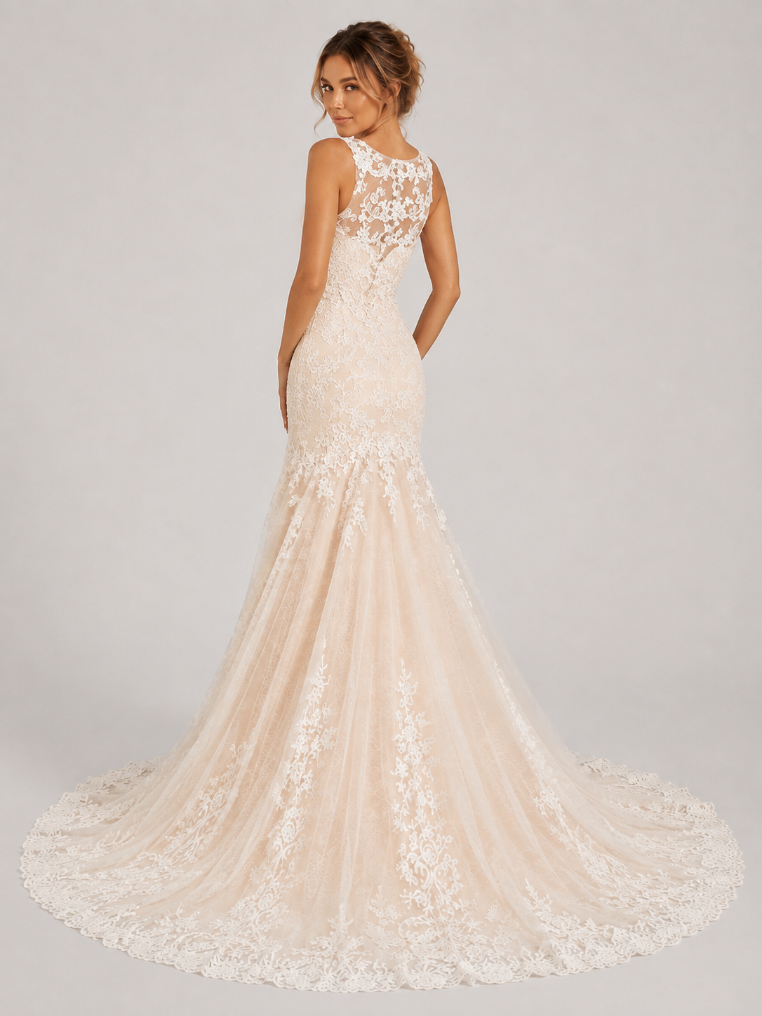 Elegant Illusion High-Neck Lace Mermaid Wedding Dress with Sweep Train