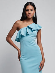 Party Dress Light Blue One Shoulder Neckline Ruffle Mermaid