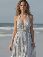 Silver V-Neck Spaghetti Straps Pleated Long Formal Dress