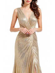 Formal Evening Gold Dress Pleated Sleeveless Metallic V-Neck Slit Floor-Length Dress