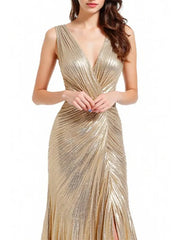 Formal Evening Gold Dress Pleated Sleeveless Metallic V-Neck Slit Floor-Length Dress