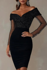 Cocktail Party Dress Off Shoulder Sequin Mesh Bodycon Mini Dress