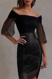 Cocktail Party Dress Off Shoulder Ruched Sequin Mesh Bodycon Mini Dress