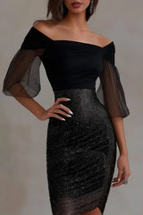 Cocktail Party Dress Off Shoulder Ruched Sequin Mesh Bodycon Mini Dress