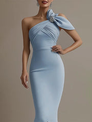 Semi-Formal Party Dress Light Blue One Shoulder Rhinestone Slit Maxi Dress