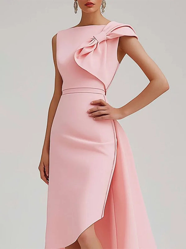 Wedding Guest Semi-Formal Dress Pink Sleeveless Bow Asymmetrical Midi Dreamylily Wedding Guest Semi-Formal Dress Pink Sleeveless Bow Asymmetrical Midi Dreamylily