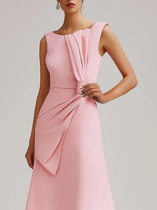 Wedding Guest Pink Dress Round Neck Sleeveless Bow Midi Dress – Dreamylily