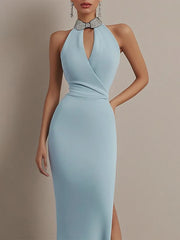 Wedding Guest Dress Light Blue Halter Neck Sleeveless Side Slit Maxi Dress