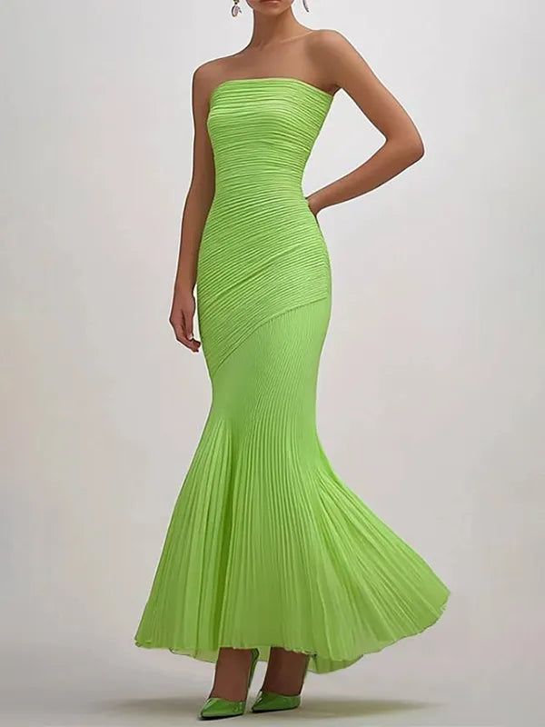 Prom Party Green Dress Strapless Pleated Long Prom Dress