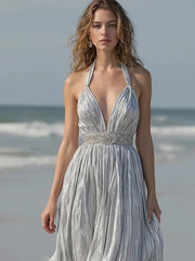 Silver V-Neck Spaghetti Straps Pleated Long Formal Dress