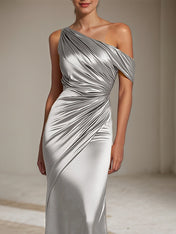 Formal Party Satin Dress Silver One-Shoulder Pleated  Floor-Length Dress
