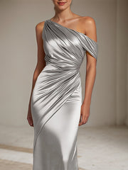 Formal Party Satin Dress Silver One-Shoulder Pleated  Floor-Length Dress