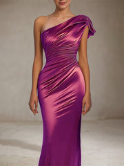 Formal Party Satin Dress Purple One-Shoulder Pleated 	Floor-Length Dress