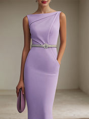 Semi-Formal Dress Purple Boat Neck Sleeveless Pockets Fomal Dresses