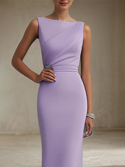 Wedding Guest Dress Purple Sleeveless Rhinestone Fit Tea-Length Dresses