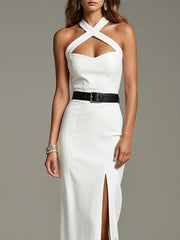Party dress White cross strap slit floor length dress