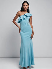 Party Dress Light Blue One Shoulder Neckline Ruffle Mermaid