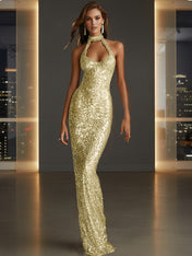 Glamorous Gold Sequin Halter Neck Mermaid Long Prom Dress
