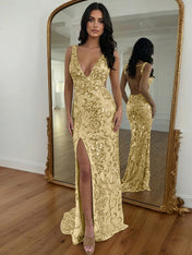 Gold Sequin V-Neck Open Back Mermaid Prom Dress with High Slit