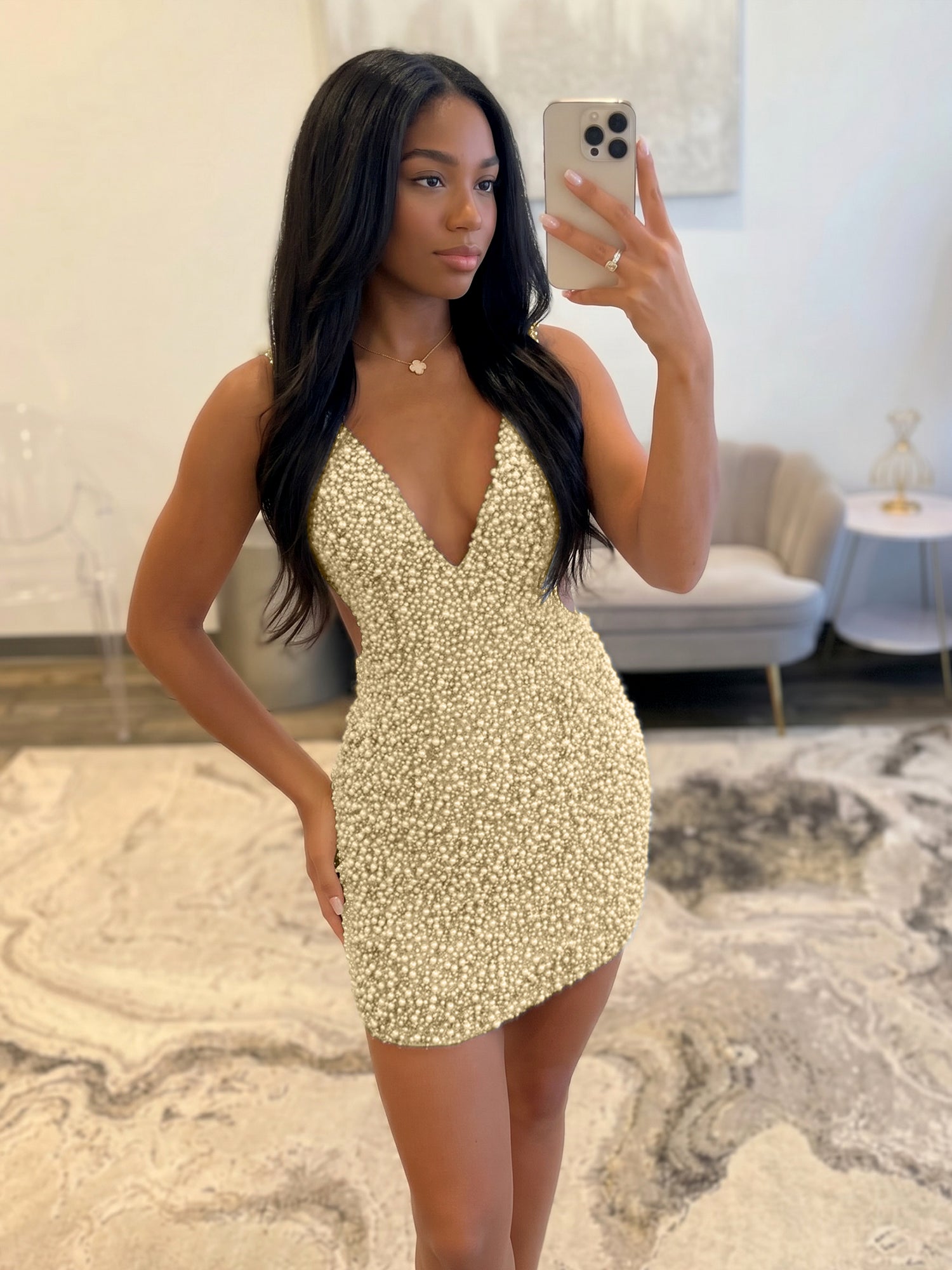 White V Neck Pearl Embellished Short Homecoming Dresses