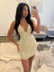 White V Neck Pearl Embellished Short Homecoming Dresses