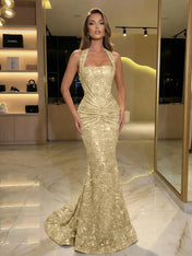 Gold Sequin Halter Mermaid Prom Dress with Ruched Waist