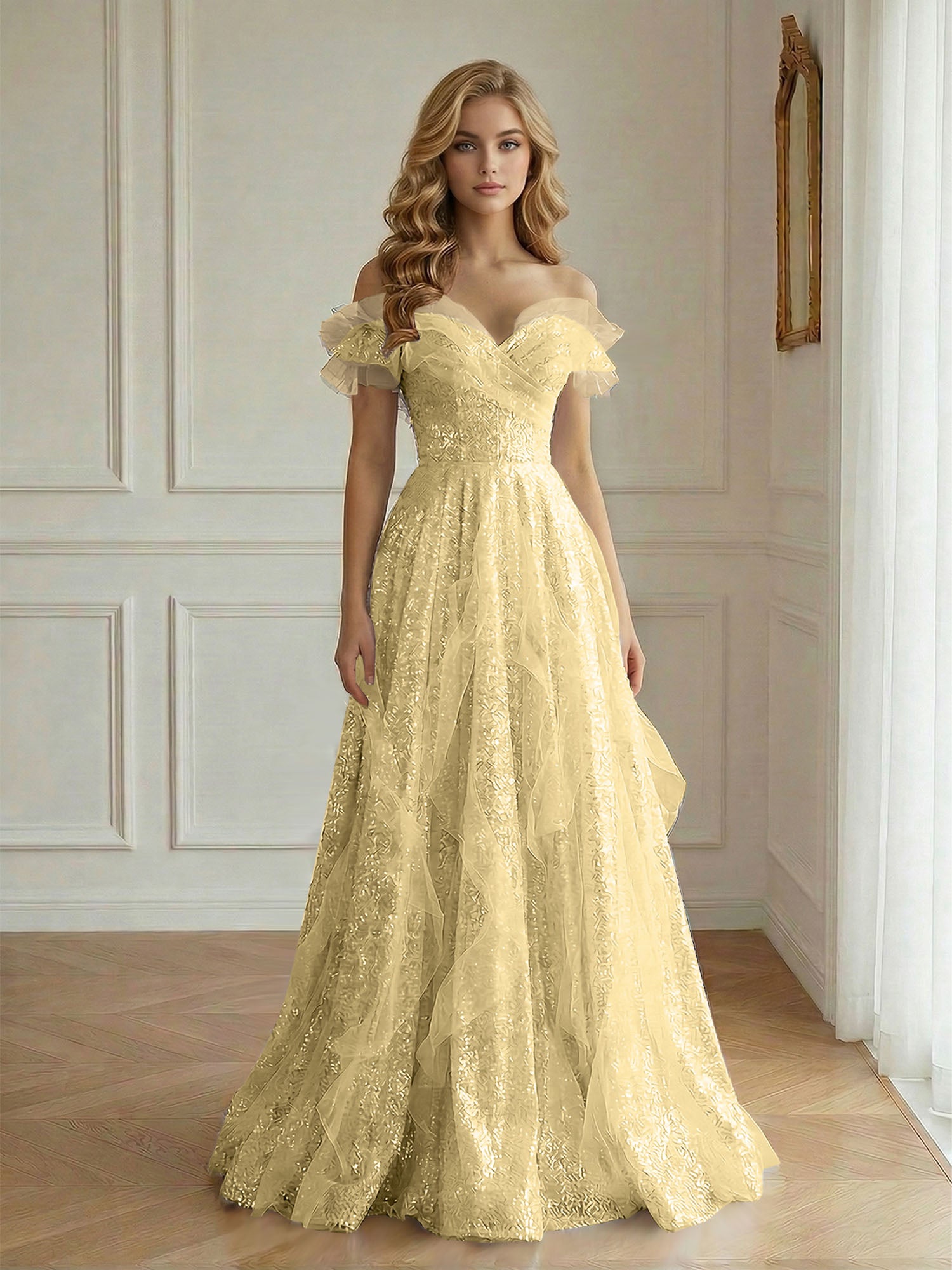 Off-the-Shoulder Sequin Tulle A-Line Gown with Ruffle Accents Prom Dress