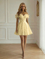 Off-the-Shoulder Lace-Up Back Iridescent Tulle Party Dress Homecoming Dress