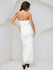 White Lace Off the Shoulder Sleeveless Ankle Length Sheath Dress with Ruffles