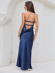 Royal Blue Satin Sweetheart Neckline Sleeveless Open Back Ankle Length Sheath Dress