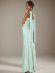 Mint Green Satin Halter Neck Sleeveless Floor Length Formal Dress