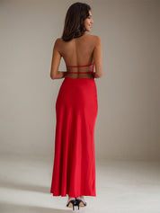 Red Satin Halter Neck Ankle Length Sleeveless Open Back Formal Dress