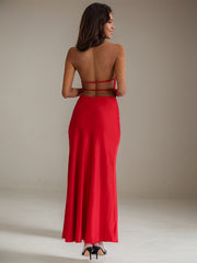 Red Satin Halter Neck Ankle Length Sleeveless Open Back Formal Dress