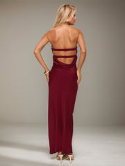 Wine Red Satin Sweetheart Neckline Sleeveless Open Back Ankle Length Sheath Dress