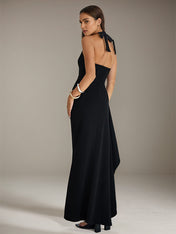 Black Stretch Crepe V Neck Sleeveless Open Back Dress with High Slit