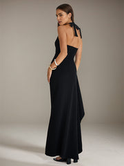 Black Stretch Crepe V Neck Sleeveless Open Back Dress with High Slit