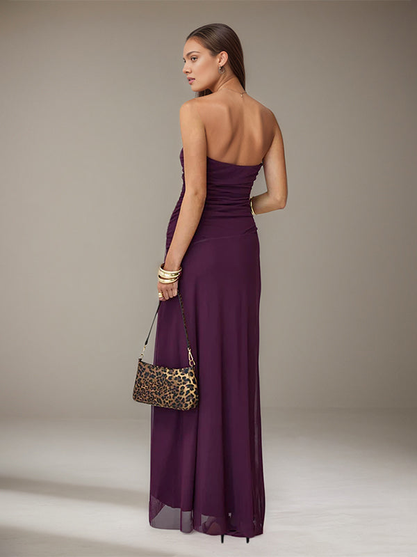 Grape Chiffon Off the Shoulder Sleeveless Asymmetrical Length Dress with High Slit