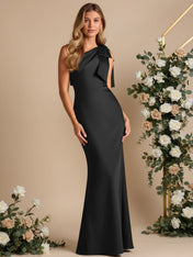 One Shoulder Satin A Line Long Bridesmaid Dresses with Bow