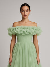 Off Shoulder Pleated Tulle A Line Long Formal Dress with Ruffles