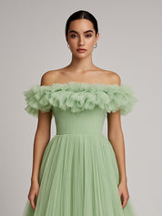 Off Shoulder Pleated Tulle A Line Long Formal Dress with Ruffles